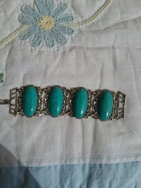 Turquoise Oval Stone Silver-Tone Statement Bracelet - Women Jewelry